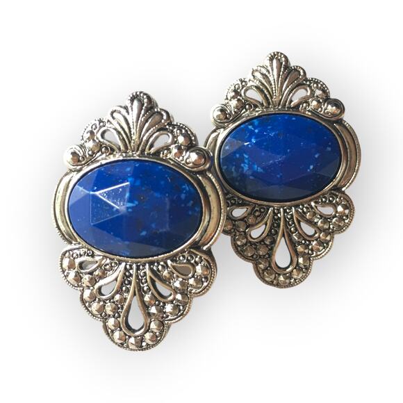 Blue cabochon filigree statement post earrings - Picture 1 of 8
